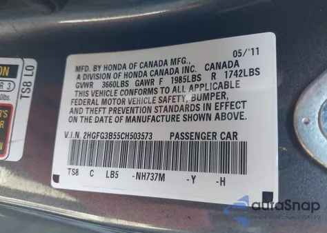 2012 Honda Civic Lx из США, поврежденный, VIN 2HGFG3B55CH503573